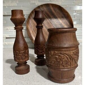 Vintage Wooden Hand Carved Indian Floral Spice Jar 6"  And Candle Sticks Set (3)